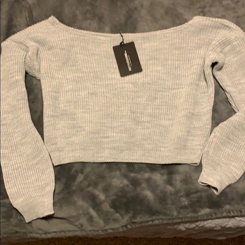 grey off the shoulder sweater